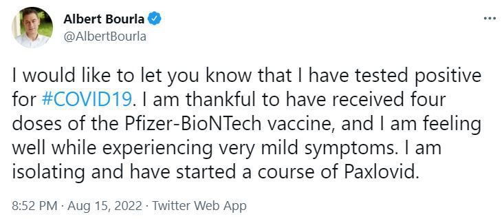 앨버트 불라 화이자 CEO가 코로나 확진 판정을 받았다./트위터