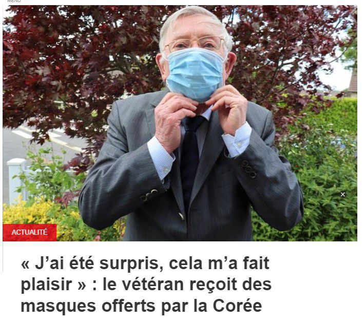 2020년 5월 참전 용사 폴 로랑씨가 한국 정부로부터 받은 마스크를 쓰고 있는 장면이 프랑스 일간지에 소개됐다. 그는 "나는 놀랐다. 마스크를 받아 기쁘다"라고 했다./우에스트프랑스