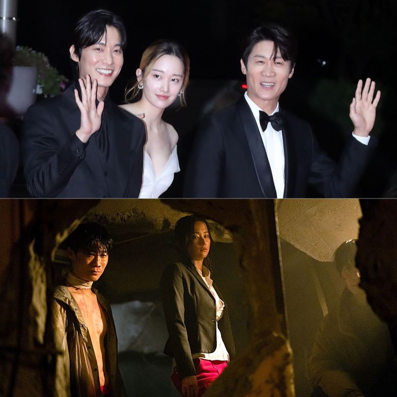 티빙 스릴러 시리즈 '몸값'의 배우 장률, 전종서, 진선규(왼쪽부터)가 지난 5일 열린 부산국제영화제 개막식에 레드카펫을 통해 입장하고 있다.(위 사진) 아래 사진은 '몸값' 속 배우 진선규, 전종서, 장률.(왼쪽부터) /뉴스1·티빙