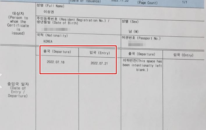 이성권 경제부시장의 7월18~21일 출입국 증명서/이성권 부시장 제공