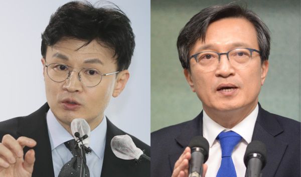 왼쪽부터 한동훈 법무부 장관과 김의겸 더불어민주당 의원. /뉴시스