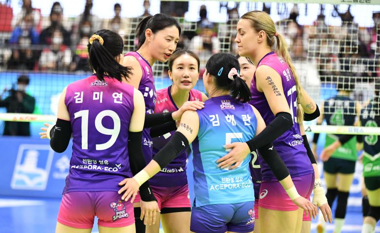 프로배구 여자부 흥국생명 선수들이 7일 수원에서 현대건설과 벌인 경기에서 득점한 뒤 기뻐하고 있다. /한국배구연맹