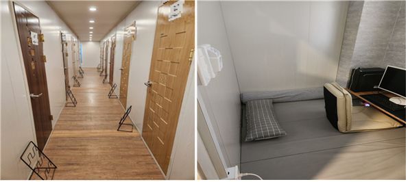 지난 3일 제주도 자치경찰단 현장 단속에서 청소년보호법 위반 혐의로 적발된 변종 룸카페 내부. 고시원 형태의 방 내부에는 매트가 깔려 있고, 컴퓨터와 TV가 놓여 있다. /자치경찰단 제공