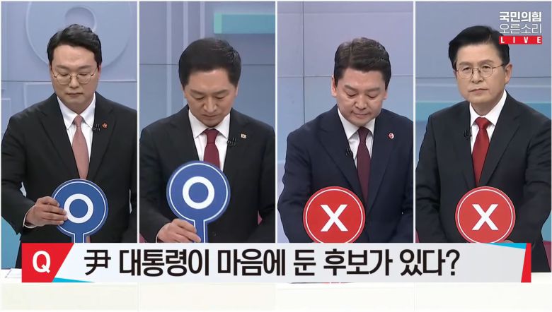 2월 15일 TV조선에서 열린 국민의힘 당대표후보 TV토론에서 후보들이 윤심을 묻는 OX 질문에 답하고 있다.왼쪽부터 천하람,김기현,안철수,황교안 후보./오른소리 유튜브