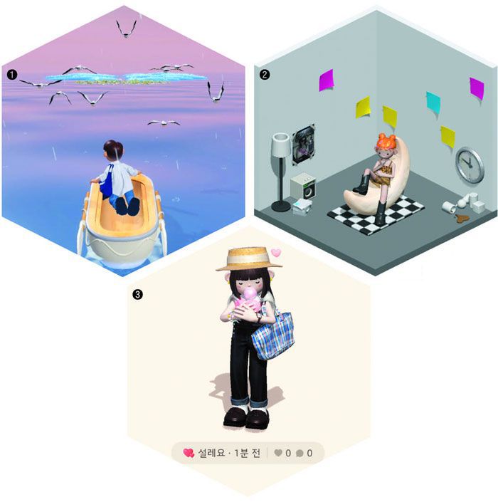 ①메타버스 공간에서 이른바 ‘플로팅’(floating) 기능을 이용해 아바타가 마치 바다 위를 떠다니는 듯한 모습. ②아바타가 거주하는 방. ③‘설레요’ 상태의 아바타. /본디