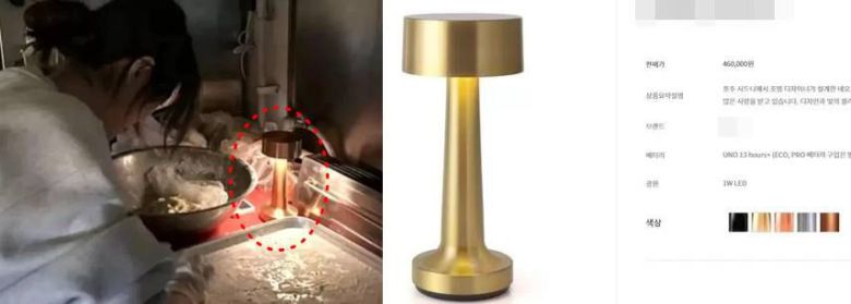 김새론이 공개한 베이킹 사진 속 조명(왼쪽 빨간 원)이 40만원대 제품(오른쪽)으로 알려졌다./인스타그램, N사 판매 홈페이지