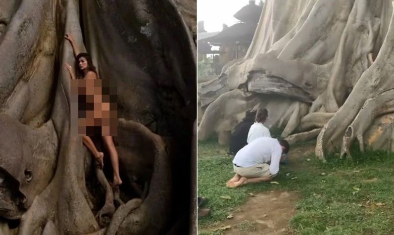 지난해 5월 러시아 인플루언서 부부가 발리 타바난의 바바칸 사원에 있는 700년 된 반얀트리 나무에서 나체 사진을 찍었다 비판받았다. 논란이 불거지자 이들은 해당 나무 앞에서 사과했다. /인스타그램
