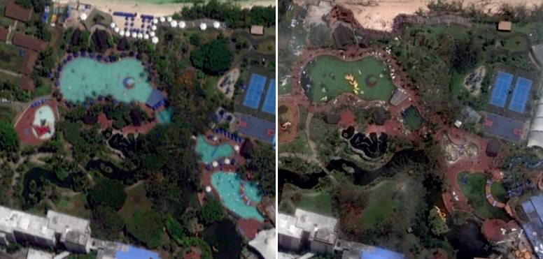 미국의 우주기술 회사인 MAXAR이 태풍 '마와르' 전후 괌의 위성 사진을 공개했다. 사진은 위성에서 한 리조트를 바라본 모습. /로이터