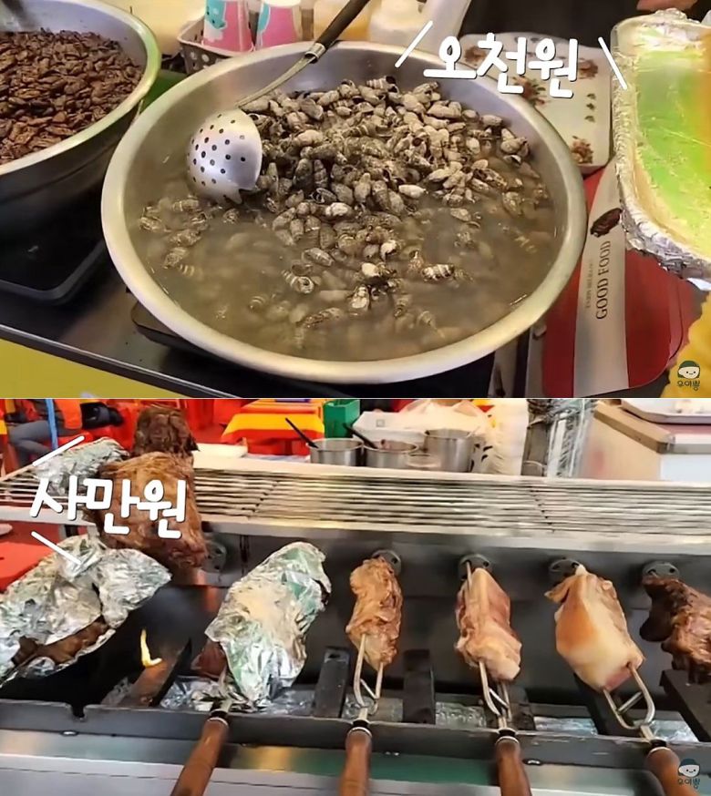 전남 함평군 ‘나비대축제’ 먹거리 부스에서 삶은 갯고둥과 통돼지 바비큐다. 가격은 각각 5000원과 4만원이다. /유튜브 채널 ‘유이뿅’ 영상