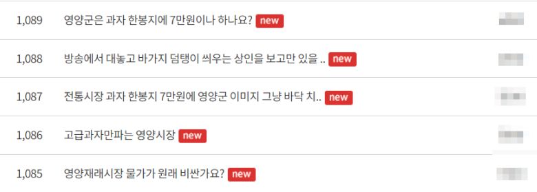 5일 영양군청 홈페이지 자유게시판에 올라온 글/ 영양군