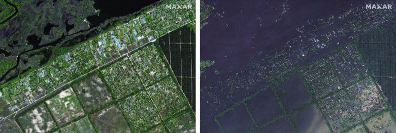 지난 6일(현지 시각) 우크라이나 노바 카호우카 댐이 파괴되면서 물이 들어찬 헤르손주(州)의 드니프로 강변 크린키 마을의 침수 전후 상황을 담은 위성 사진. 왼쪽 사진은 댐이 파괴되기 전인 지난달 15일 찍은 것이고, 오른쪽 사진은 댐이 파괴되고 난 뒤인 7일 촬영한 것이다. /AP 연합뉴스