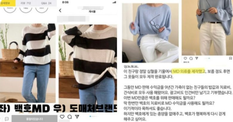 백호누나는 "심혈을 기울여 MD 의류를 제작했다"고 밝혔으나, 같은 옷이 다른 곳에서도 판매되고 있다는 의혹이 제기됐다. /온라인 커뮤니티