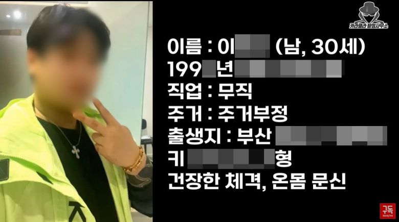 유튜버 카라큘라가 공개한 부산 돌려차기 사건 가해자 신상 정보. 실제 영상에서는 사진과 신상정보가 모자이크 없이 공개됐다. /유튜브 채널 '카라큘라 탐정사무소' 영상