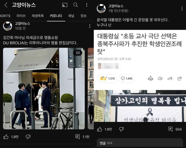 유튜브 채널 '고양이뉴스'가 커뮤니티에 윤 대통령 부부에 대해 올린 글. / 국민의힘 제공