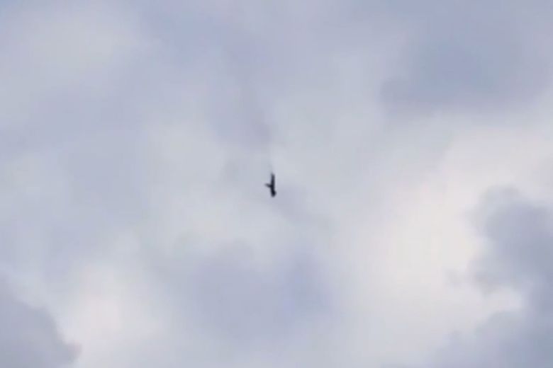 23일(현지시간) 러시아 모스크바 인근 트베리 지역의 쿠젠키노 마을 근처에서 전용기 잔해가 추락하는 모습. 이날 러시아 당국은 용병 기업 바그너그룹의 수장인 예브게니 프리고진이 이 전용기에 탑승하고 있었다고 밝혔다. 이번 사고로 탑승자 10명이 전원 사망했다./텔레그램 채널 그레이존 동영상 캡처