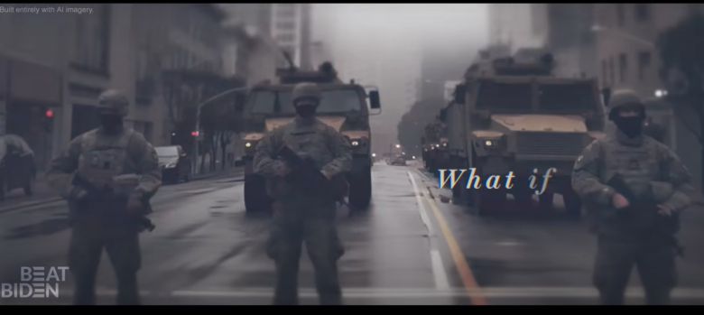 미국 공화당 전국위원회가 지난 4월 AI(인공지능) 기술로 만든 영상. 조 바이든 현직 대통령이 재선된 것을 가정해 중국이 전투기로 대만을 폭격하고, 남부 국경 통제 실패로 곳곳에서 불법 이민자들이 국경을 넘는 가상의 모습들을 담았다. 사진은 캘리포니아주 샌프란시스코에서 범죄가 급증해 미군이 중무장을 하고 순찰하는 모습. 화면 좌측 상단에 'AI (허위) 이미지가 이용됐다’는 자막이 있지만 크기가 작아 읽기가 힘들다. /공화당 전국위원회 유튜브