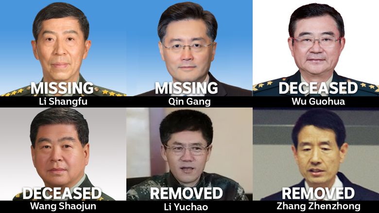 올 들어 숙청 대상이 된 중국 외교·군사 분야의 주요 고위급 인사들. 윗줄 왼쪽부터 시계 방향으로 리상푸 국방부장, 친강 외교부장, 우궈화 로켓군 부사령관, 장전중 연합참모부 부참모장, 리위차오 로켓군 사령관, 왕샤오쥔 전 중앙경위국 국장(중장). /호주 ABC방송