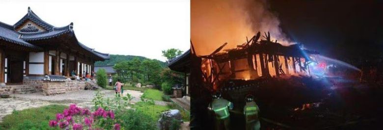 경북 영양군 석보면 원리리 두들마을에 있는 광산문학연구소. 왼쪽은 화재 전 모습, 오른쪽은 2022년 6월 30일밤 불 타고 있는 모습. 이 연구소는 이문열 선생이 2001년 한국 현대문학에 대한 체계적인 연구와 문학도 양성을 위해 자비 4억 9000만원과 국비·군비 지원 4억원 등 총 8억9000만원을 들여 지었다./조선일보DB