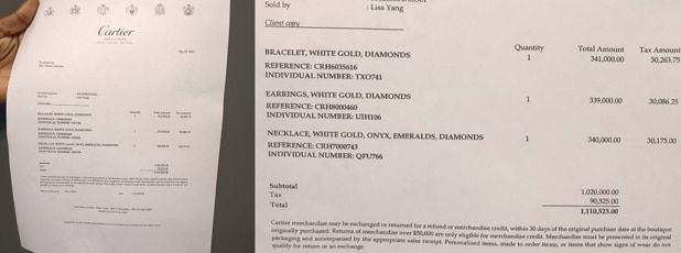 젤렌스카 여사가 까르띠에에서 110만 달러를 썼다고 주장한 여성이 내놓은 구매 영수증. /소셜미디어