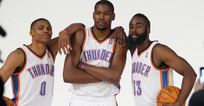 오클라호마시티 선더 시절의 웨스트브룩(왼쪽)과 듀랜트(가운데), 하든. / X(옛 트위터)