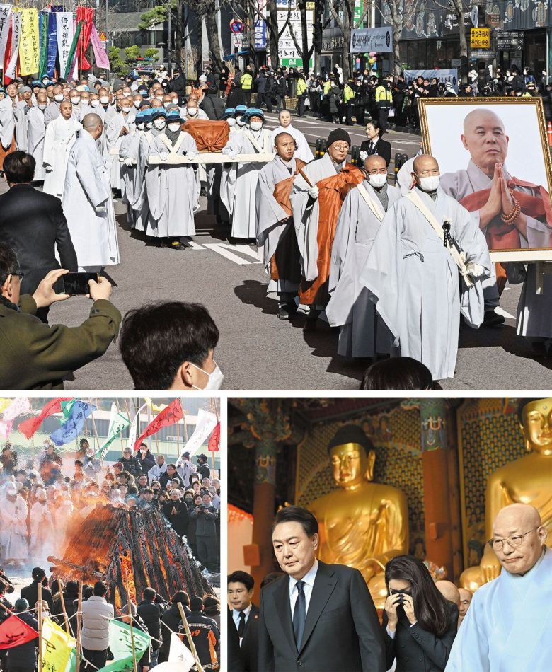3일 서울 종로구 조계사에서 열린 자승 전 조계종 총무원장의 영결식 후 자승 스님의 법구가 이운되고 있다. 운구 행렬은 경기 화성 용주사에 도착해 불교 화장 의식인 다비식을 거행했다(아래 왼쪽). 전날 김건희 여사와 함께 조계사 분향소를 찾은 윤석열(아래 오른쪽) 대통령은 "중생의 행복을 위해 부처님의 가르침을 널리 펼쳐 주신 큰스님을 오래 기억하겠다"고 추모의 글을 남겼다. /사진공동취재단·연합뉴스·대통령실