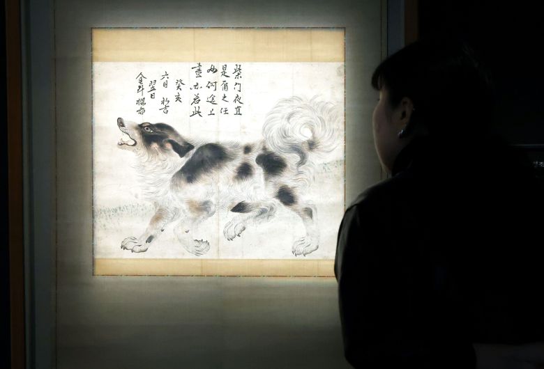국립중앙박물관 특별전 '탕탕평평-글과 그림의 힘'에서 처음 일반에 공개된 '삽살개'를 한 참석자가 살펴보고 있다. /뉴스1
