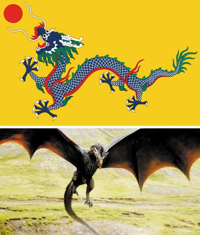 옛 청나라 국기 황룡기에 그려진 용(위 사진)과 중세 유럽 가상의 나라를 배경으로 한 판타지 드라마 '왕좌의 게임'에 등장하는 용. 동양문화권에서 신성함을 상징하는 용과 달리 서양에서의 용은 거대한 날개와 불을 뿜는 능력을 가진 파괴의 상징으로 인식된다. /위키백과·HBO