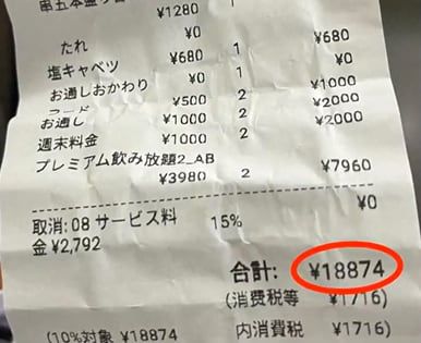 일본 회사원 여성이 지난해 12월 '토리도리' 가게에서 15분 동안 머문 후 결제한 영수증. /마이니치신문