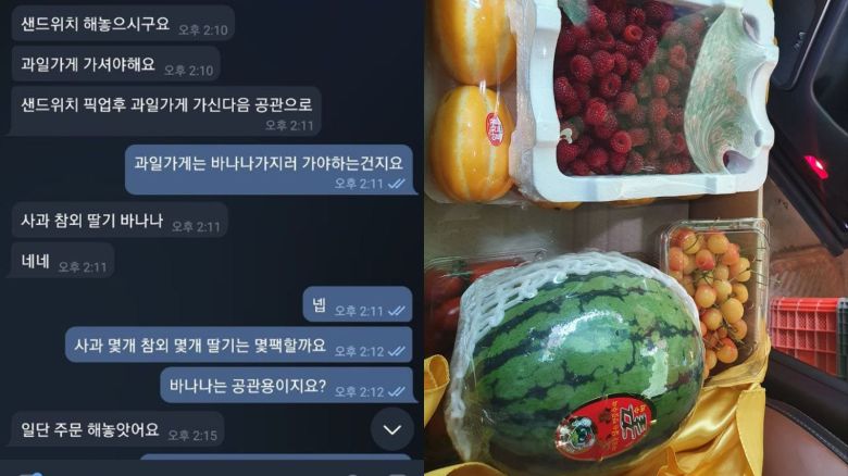 조명현씨와 배소현씨가 2021년 나눈 텔레그램 대화 내용. 배씨가 "과일가게에 가야 한다"고 지시하자, 조씨는 픽업한 과일 사진을 찍어 보고했다. /TV조선 제공