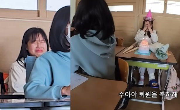 4차례의 다리 수술을 받은 뒤 한 달 만에 학교로 돌아온 6학년 여학생이 친구들의 깜짝 이벤트에 눈물을 터뜨리고 말았다. /유튜브 영상 캡처