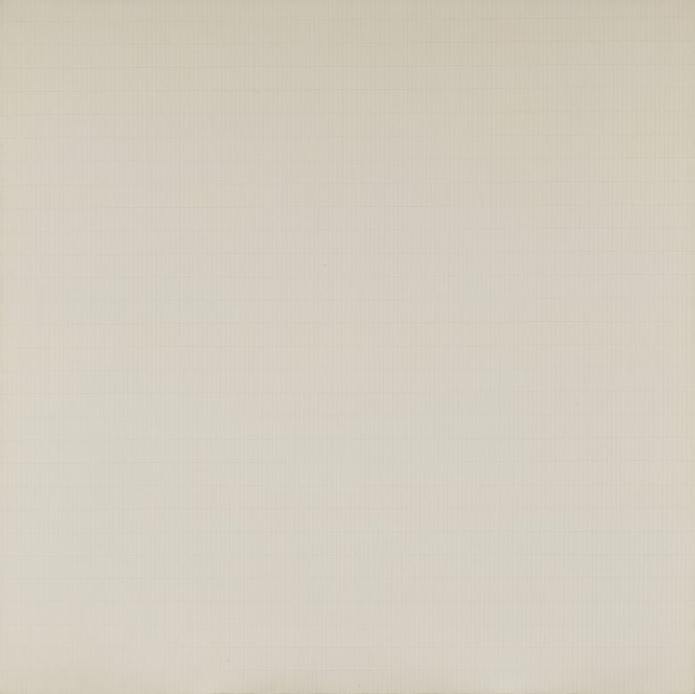 아그네스 마틴, '나무'(1964). 사진에는 잘 담기지 않지만 가까이서 직접 보면 수없이 그린 선과 격자 무늬가 드러난다. 작가는 한 인터뷰에서 "처음 그리드를 그렸던 당시 우연찮게 나무의 순수함을 생각하고 있었고, 그러다 이 격자무늬가 머릿속에 떠올랐다. 나는 그게 순수함을 나타낸다고 생각했고 만족스럽다"고 말했다. 캔버스에 아크릴, 연필, 190.5 x 190.5 cm, 리움미술관 © Estate of Agnes Martin  Artists Rights Society (ARS), New York – SACK, Seoul /솔올미술관