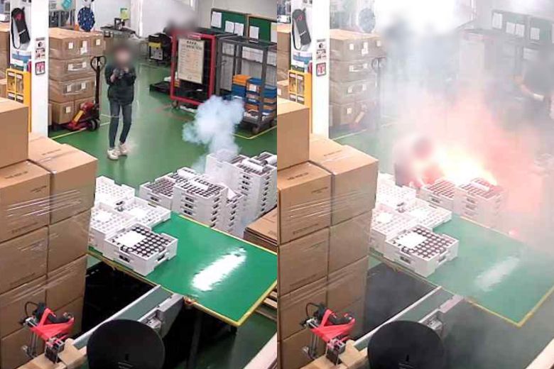 화재가 난 화성 리튬 배터리 공장의 CCTV 화면. 왼쪽은 첫 발화 당시 모습, 오른쪽은 직원들이 가연성 물건을 치우는 도중 2차 폭발이 일어나는 모습. /SBS