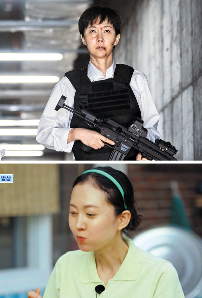 '크로스'(위)와 '언니네 산지직송'의 염정아. '크로스'에서 강력계 형사를 연기했다. /넷플릭스·tvN