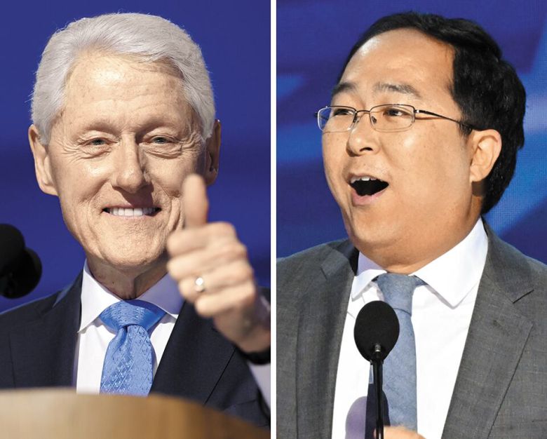 클린턴도 한국계 앤디 김도 지원 사격 - 21일 미국 민주당 전당대회에서 빌 클린턴(왼쪽 사진) 전 대통령이 연설 도중 환호하는 청중을 향해 엄지를 치켜들고 있다. 오는 11월 선거에서 한국계 최초로 연방 상원 의원에 도전하는 앤디 김 하원 의원도 카멀라 해리스 부통령에 대한 지지를 호소했다. /EPA·AFP 연합뉴스