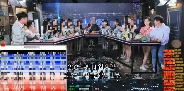 한 액셀 방송 화면. 남성 BJ 양 옆으로 여성 BJ들이 앉아 있고, 화면 좌측 하단에 후원금이 엑셀 문서처럼 정리되어 있다. /아프리카TV 캡처