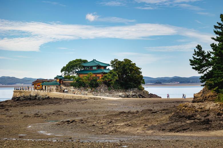 물이 빠져 육지와 이어진 서산 간월암. 탐방객들이 간월암으로 향하고 있다. 무학대사의 이야기가 전해지는 간월암은 물때에 따라 풍경이 시시각각 달라진다. / 이건송 영상미디어 기자