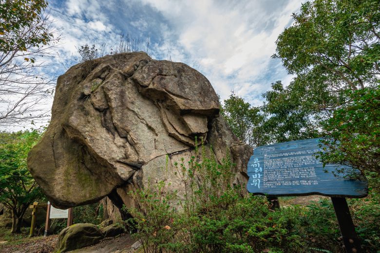 백월산 정상으로 오르는 길에 만난 '코끼리바위'. 바위를 보고 "코끼리 닮았다"고 동의하는 사람은 거의 없지만, 과유불급의 교훈을 전하는 바위의 전설엔 모두 고개를 끄덕거린다. / 이건송 영상미디어 기자