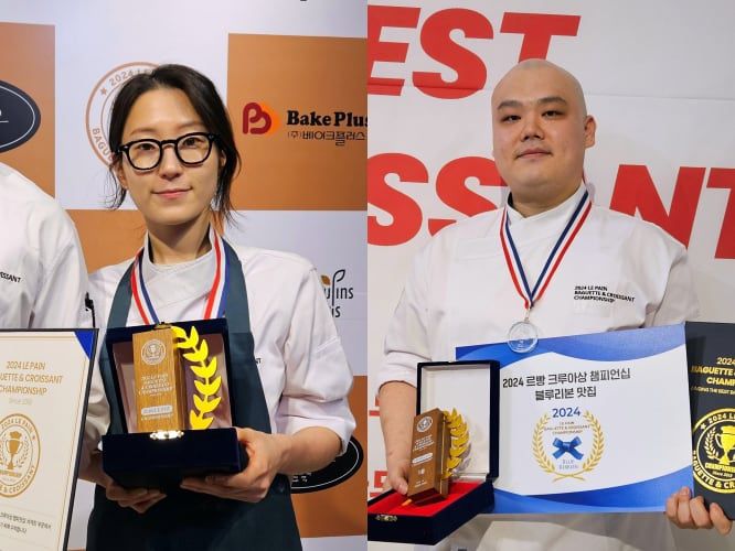 바게트 부문 우승자인 '플라워베이커리’ 김다혜 셰프(왼쪽)와 크루아상 부문 우승자 ‘해월당’ 최정호 셰프. /김성윤 기자