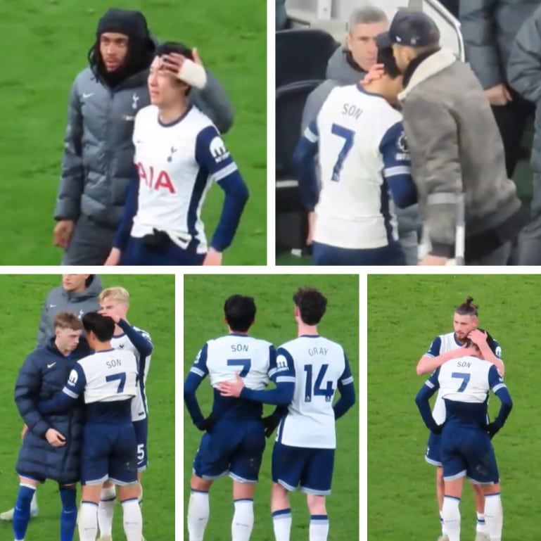 아쉬워하는 손흥민을 토트넘 홋스퍼 동료들이 위로하고 있다. /X(옛 트위터)