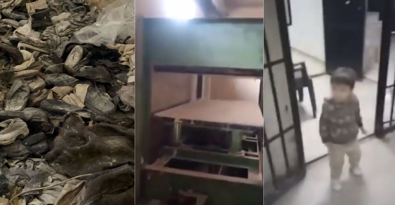 세드나야 감옥에서 발견된 버려진 옷가지들과 대형 철제 압축기. 맨 오른쪽은 어머니와 함께 갇혀있던 어린아이. /X(옛 트위터)