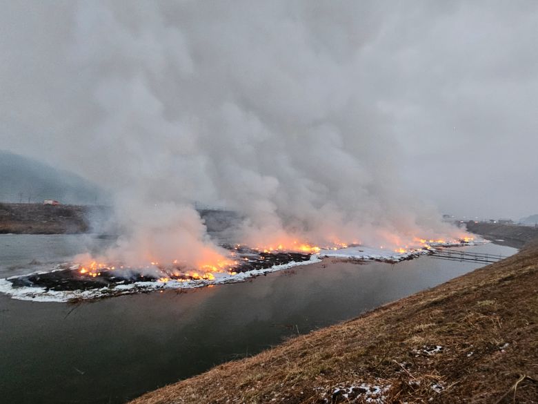 점화 버튼을 누르자 작품이 불에 타고 있다. 하얀 천 작품 아래에 넣은 새해 소원 쪽지도 함께 탔다. /허윤희 기자