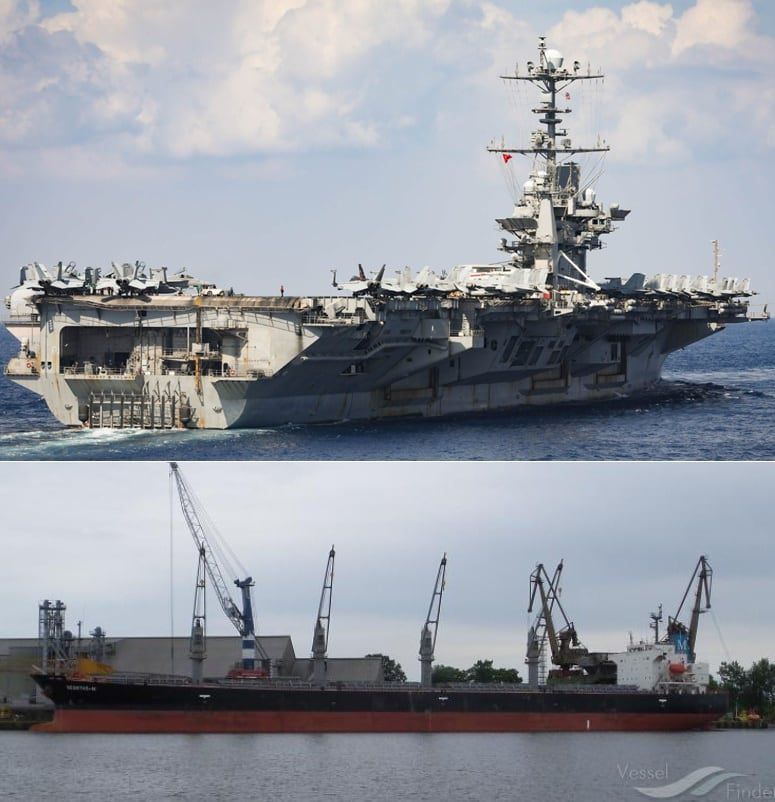 미 항공모함 해리 S. 트루먼(위)과 베식타스-M 벌크선 비교/vesselfinder