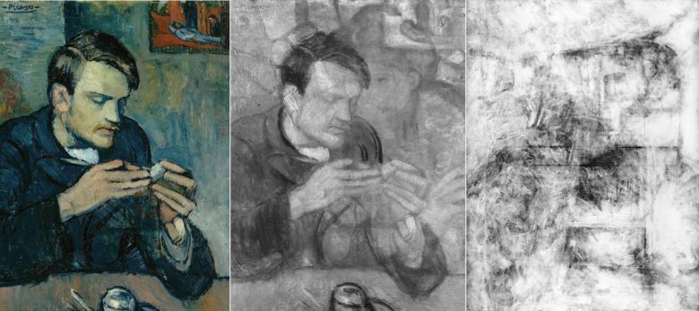 피카소 작품을 각각 적외선(가운데), 엑스레이(맨 오른쪽)로 특수 촬영한 모습. /코톨드 미술관