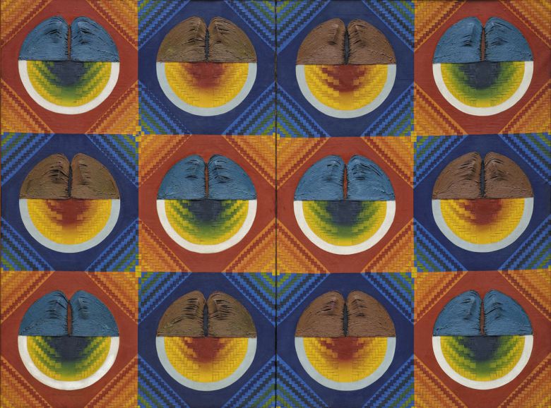 캔버스를 잘라 엮어 단청 문양을 만든 '탄생-B'(1967). 145.5×193.9cm.