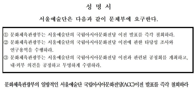 서울예술단은 13일 성명서를 내고 "문체부는 일방적인 서울예술단 국립아시아문화전당(ACC) 이전 발표를 즉각 철회하라"고 요구했다. /서울예술단 성명서