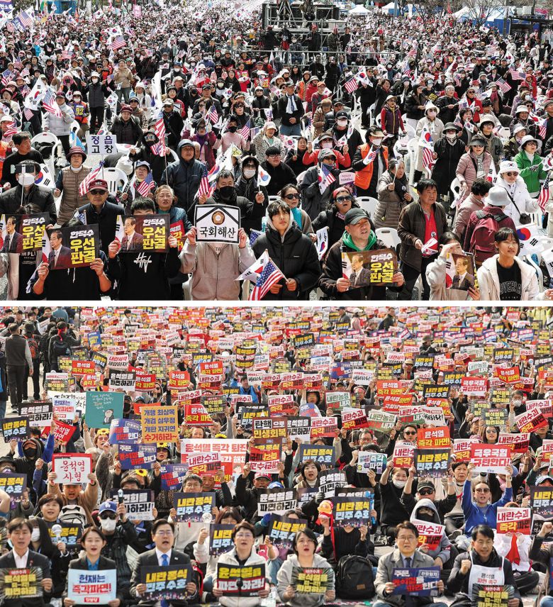 15일 서울 종로구 세종대로 일대에서 열린 윤석열 대통령 탄핵 반대 집회에서 태극기와 성조기를 든 참가자들이 '국회 해산' 등 팻말을 들고 "윤 대통령 복귀" 등을 주장하고 있다(위). 같은 날 경복궁 동십자각 일대에서 진행된 더불어민주당 등 야 5당의 탄핵 찬성 집회에서 당 지도부 등 참가자들이 윤 대통령 '즉각 파면'을 촉구하고 있다. 맨 앞줄 왼쪽부터 사회민주당 한창민 대표, 진보당 김재연 상임대표, 민주당 박찬대 원내대표, 조국혁신당 김선민 대표 권한대행, 기본소득당 용혜인 대표. /뉴시스·연합뉴스