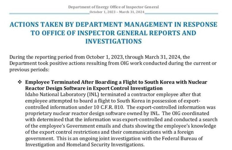 미 에너지부 감사관실이 지난해 상반기 의회에 제출한 보고서 일부. /에너지부