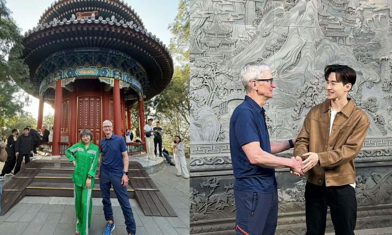 22일 베이징을 방문한 팀 쿡 애플 CEO가 중국 대형 연예 기획사 이신의 양톈전 대표(왼쪽)와 가수 헨리(오른쪽)를 각각 만났다./웨이보