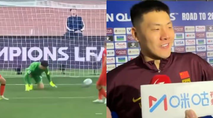 25일 항저우 올림픽 스포츠센터에서 열린 국제축구연맹(FIFA) 2026 북중미 월드컵 아시아 지역 3차 예선 조별리그 C조 8차전에서 호주에 추가골을 허용한 중국 골키퍼 왕달레이(왼쪽)가 경기 후 웃으면서 인터뷰하고 있다. /웨이보