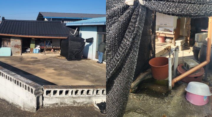 지반 침하로 담이 내려앉아 임시로 만든 샤워장 내부 모습이 그대로 노출되어 있다. /이랜드복지재단